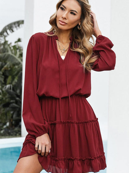 Sweet Chiffon V Neck Tiered Ruffle Mini Dress