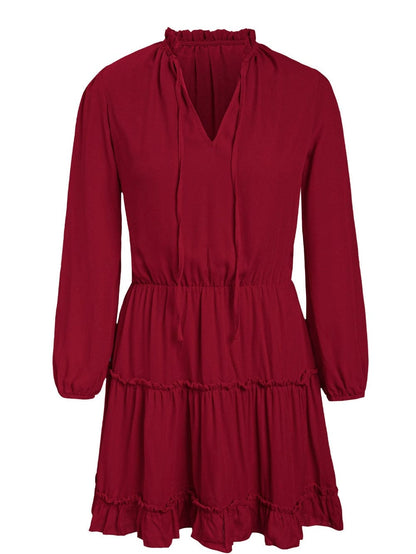 Sweet Chiffon V Neck Tiered Ruffle Mini Dress