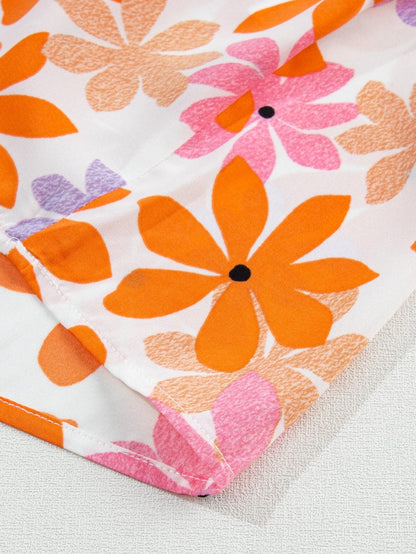 Sweet Orange Floral Smocked Top with Ruffled Sleeves