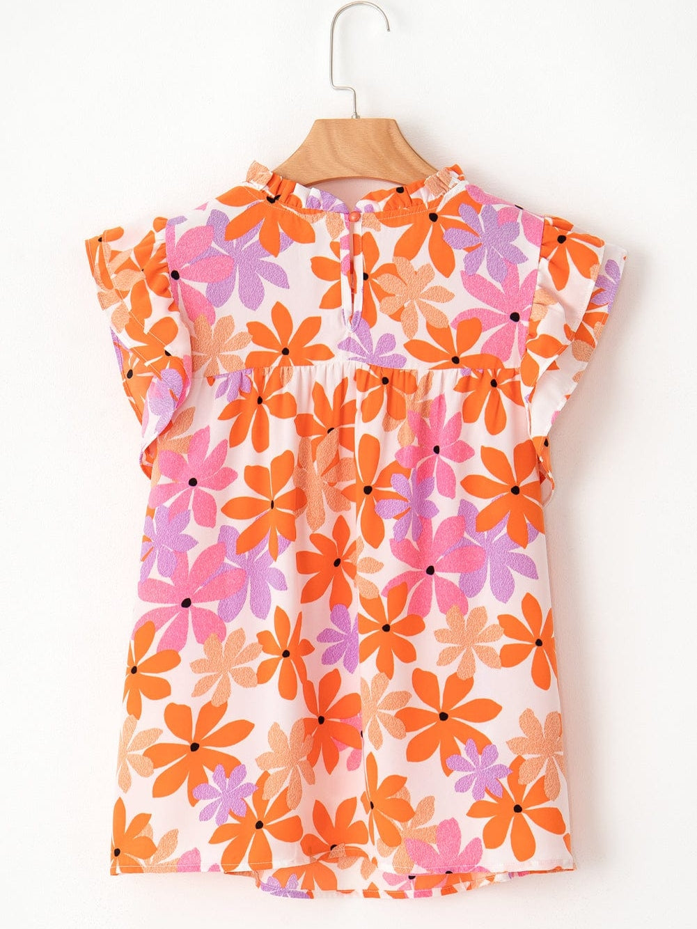Sweet Orange Floral Smocked Top with Ruffled Sleeves