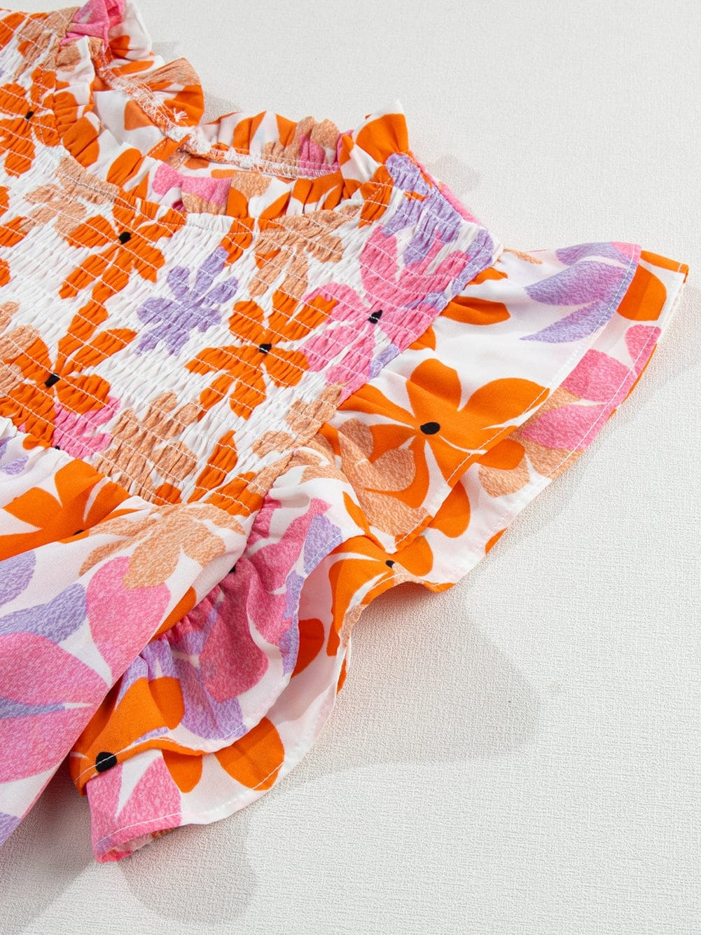 Sweet Orange Floral Smocked Top with Ruffled Sleeves