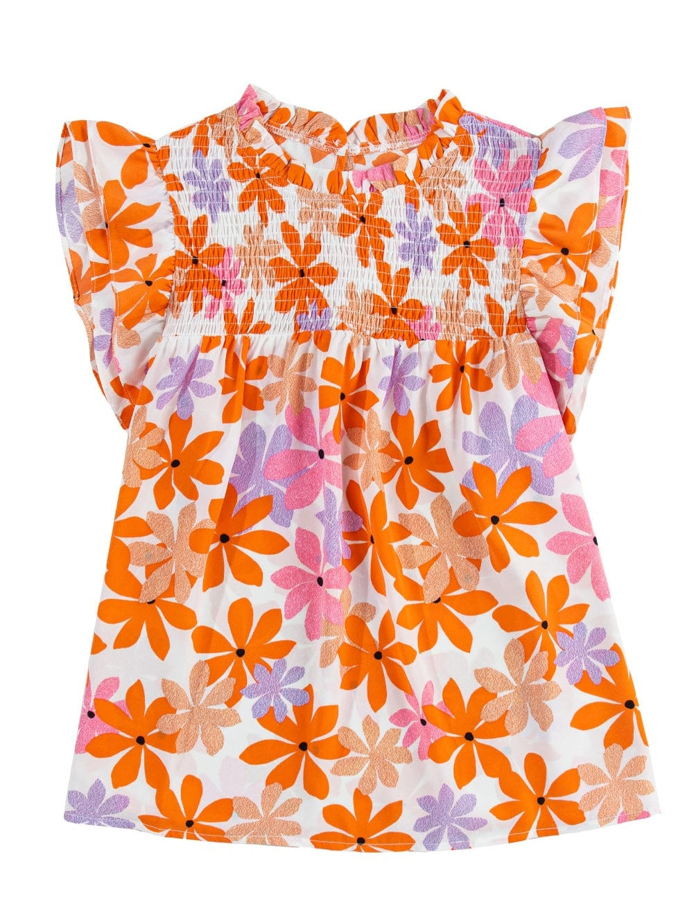 Sweet Orange Floral Smocked Top with Ruffled Sleeves