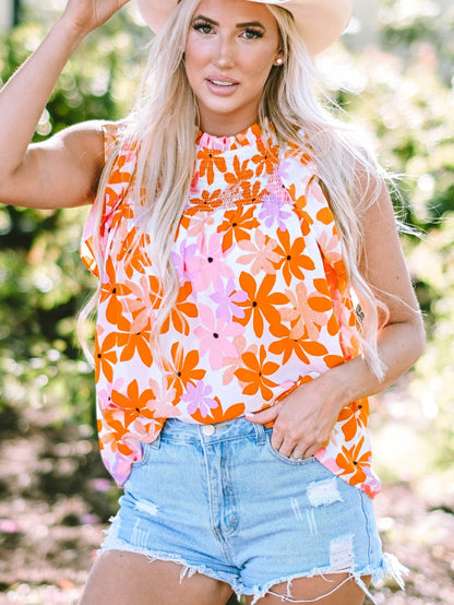 Sweet Orange Floral Smocked Top with Ruffled Sleeves