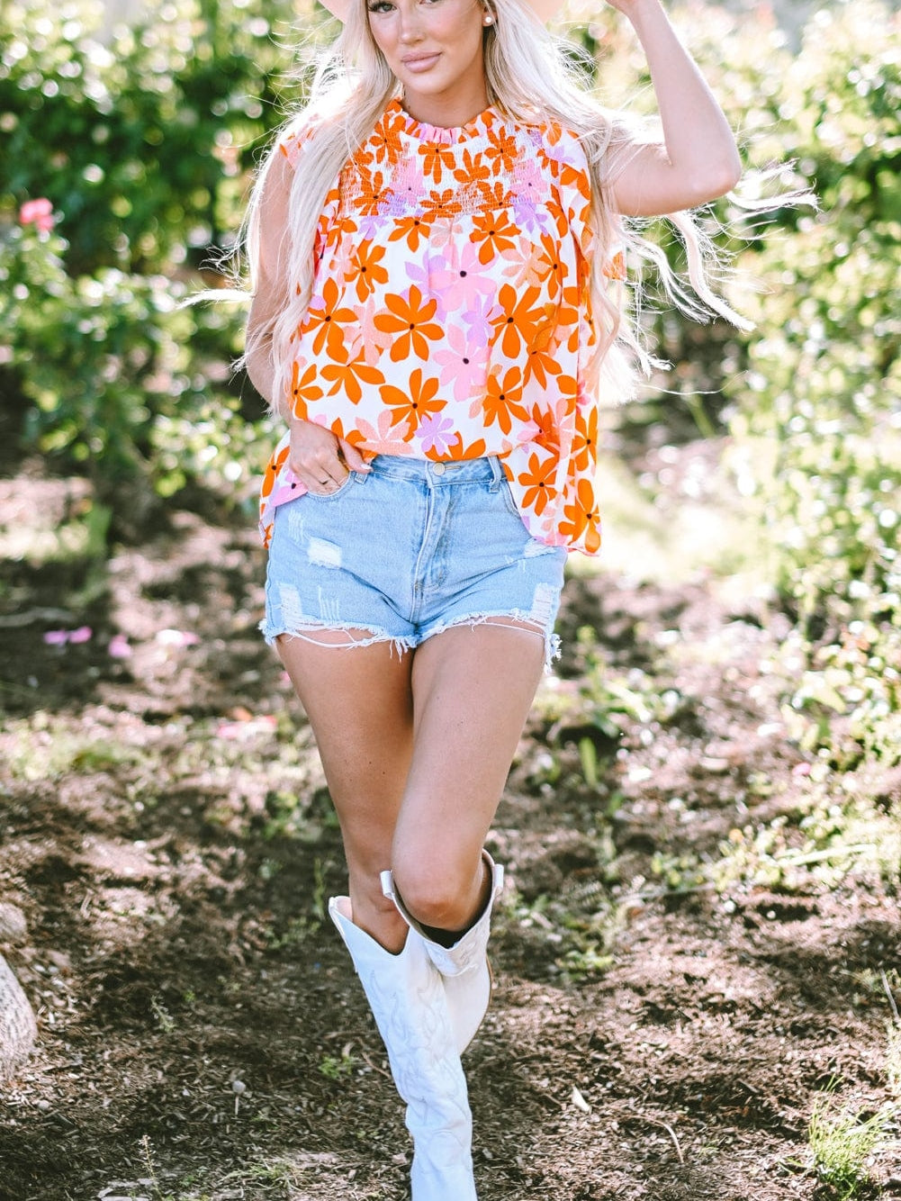 Sweet Orange Floral Smocked Top with Ruffled Sleeves