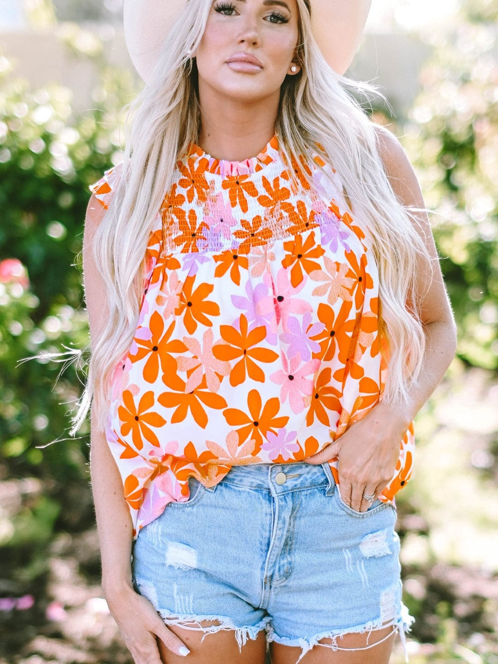 Sweet Orange Floral Smocked Top with Ruffled Sleeves