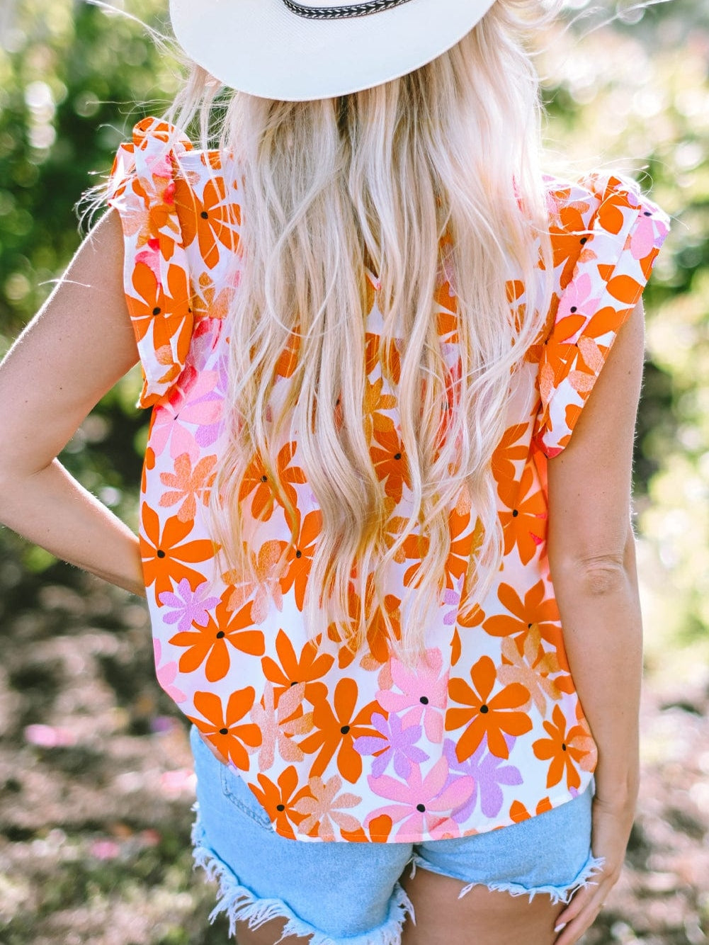 Sweet Orange Floral Smocked Top with Ruffled Sleeves