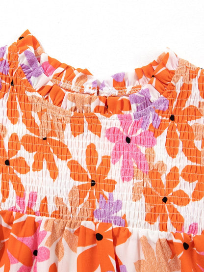 Sweet Orange Floral Smocked Top with Ruffled Sleeves
