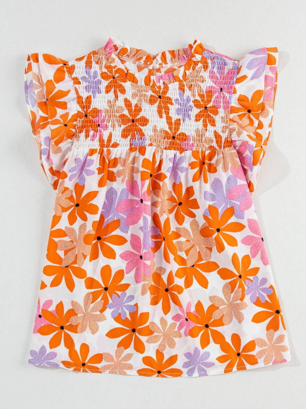 Sweet Orange Floral Smocked Top with Ruffled Sleeves