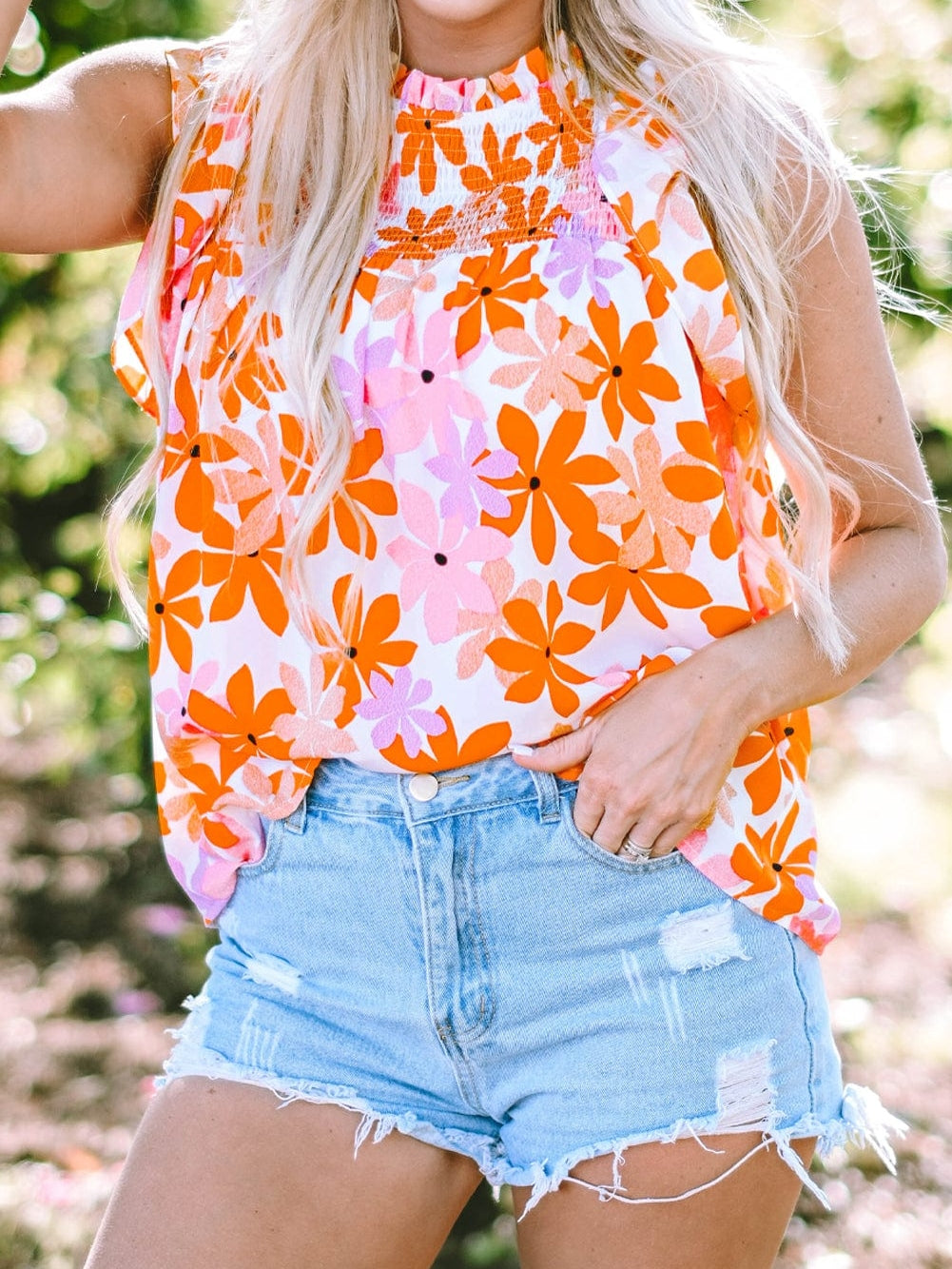 Sweet Orange Floral Smocked Top with Ruffled Sleeves