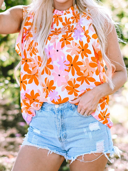 Sweet Orange Floral Smocked Top with Ruffled Sleeves