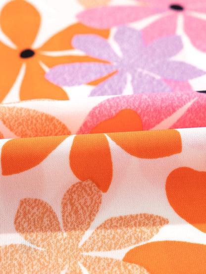 Sweet Orange Floral Smocked Top with Ruffled Sleeves