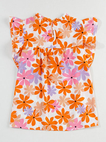 Sweet Orange Floral Smocked Top with Ruffled Sleeves