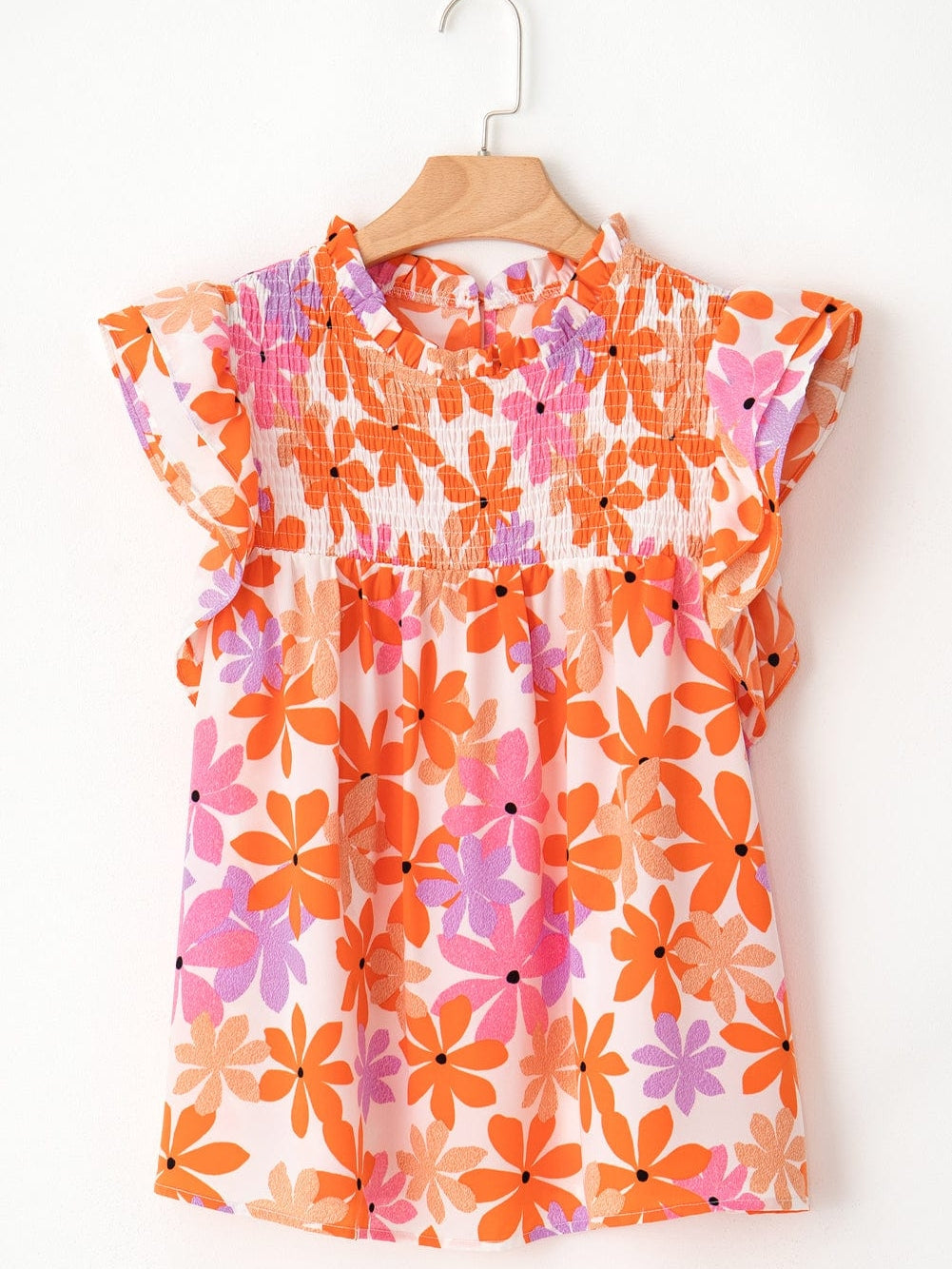 Sweet Orange Floral Smocked Top with Ruffled Sleeves