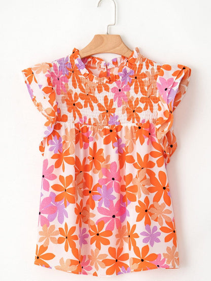Sweet Orange Floral Smocked Top with Ruffled Sleeves