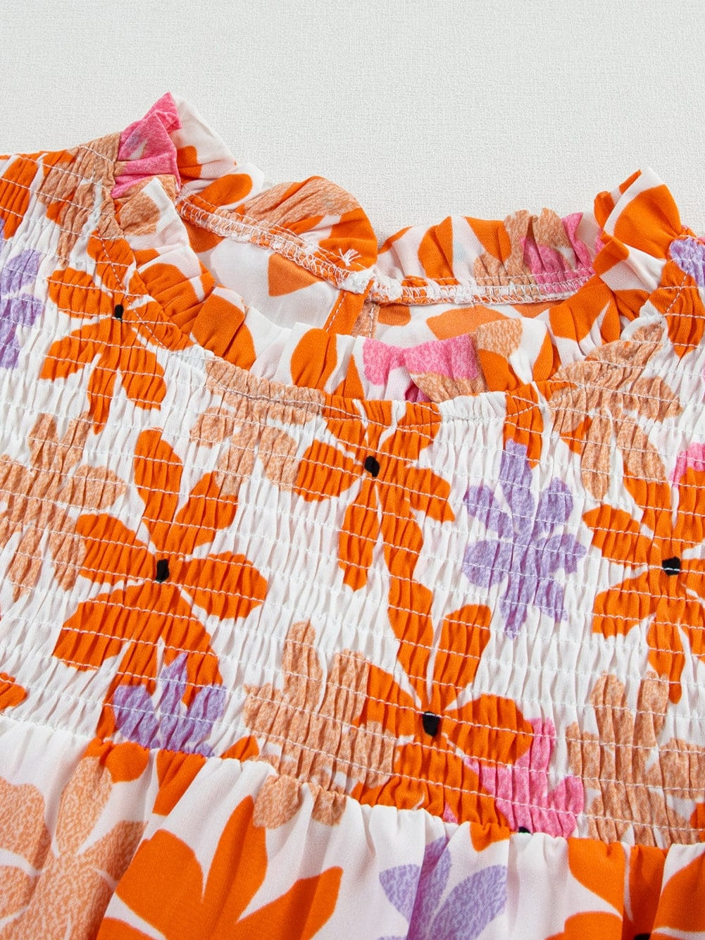 Sweet Orange Floral Smocked Top with Ruffled Sleeves