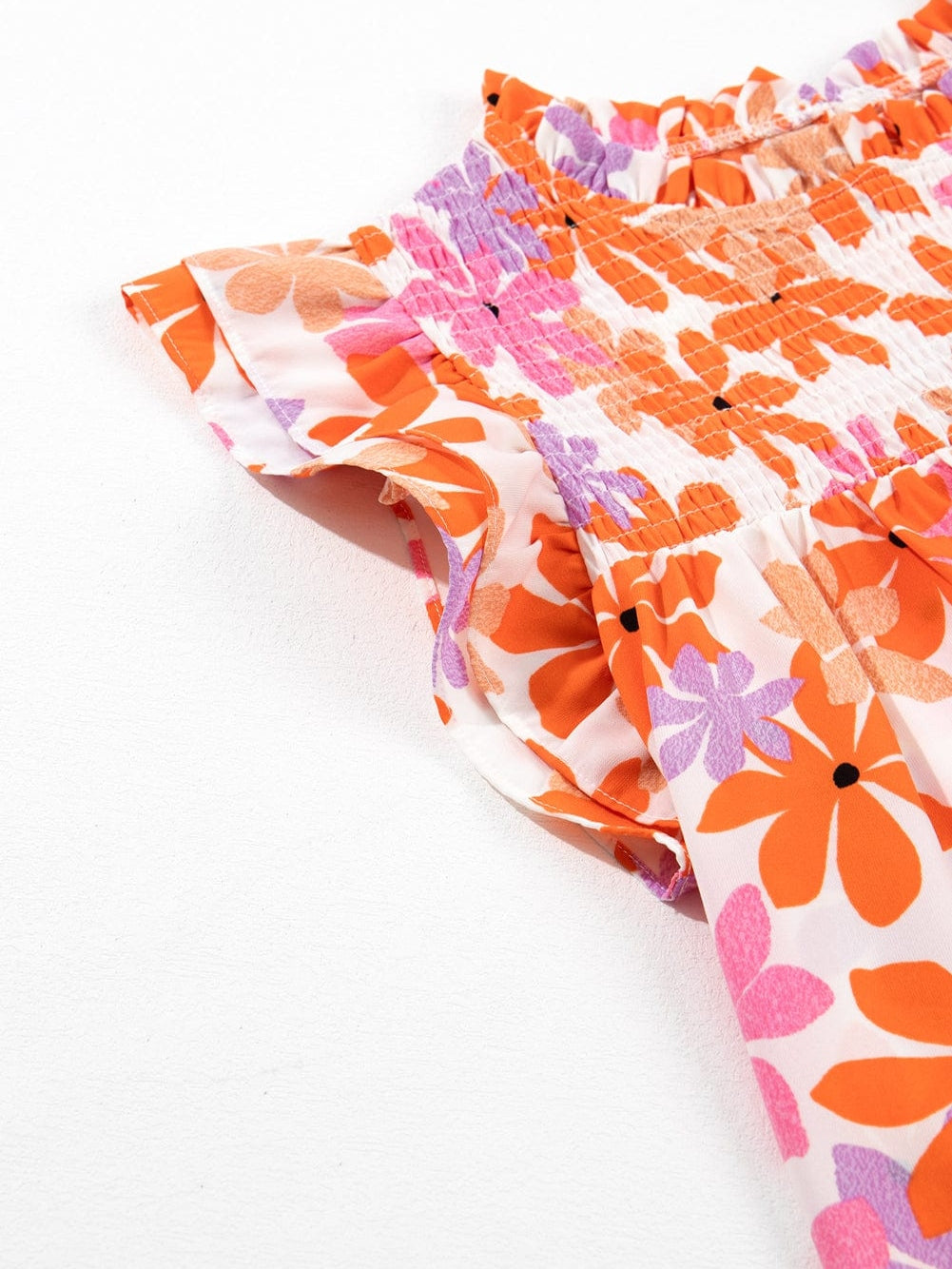 Sweet Orange Floral Smocked Top with Ruffled Sleeves