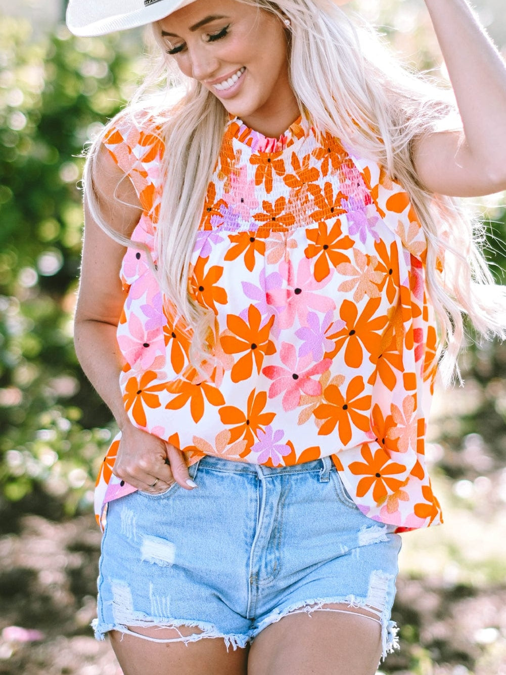Sweet Orange Floral Smocked Top with Ruffled Sleeves