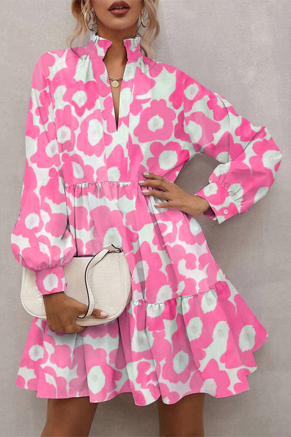 Sweet Petal Pink Floral Tiered Ruffle Trim Short Dress