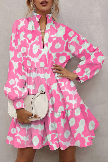 Sweet Petal Pink Floral Tiered Ruffle Trim Short Dress