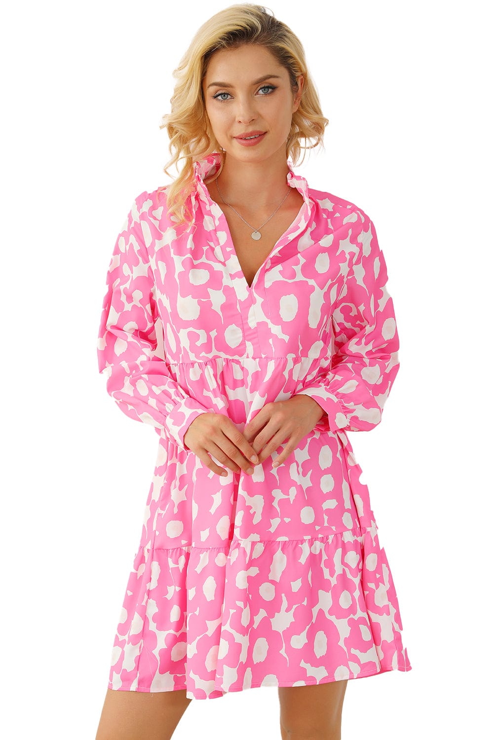 Sweet Petal Pink Floral Tiered Ruffle Trim Short Dress