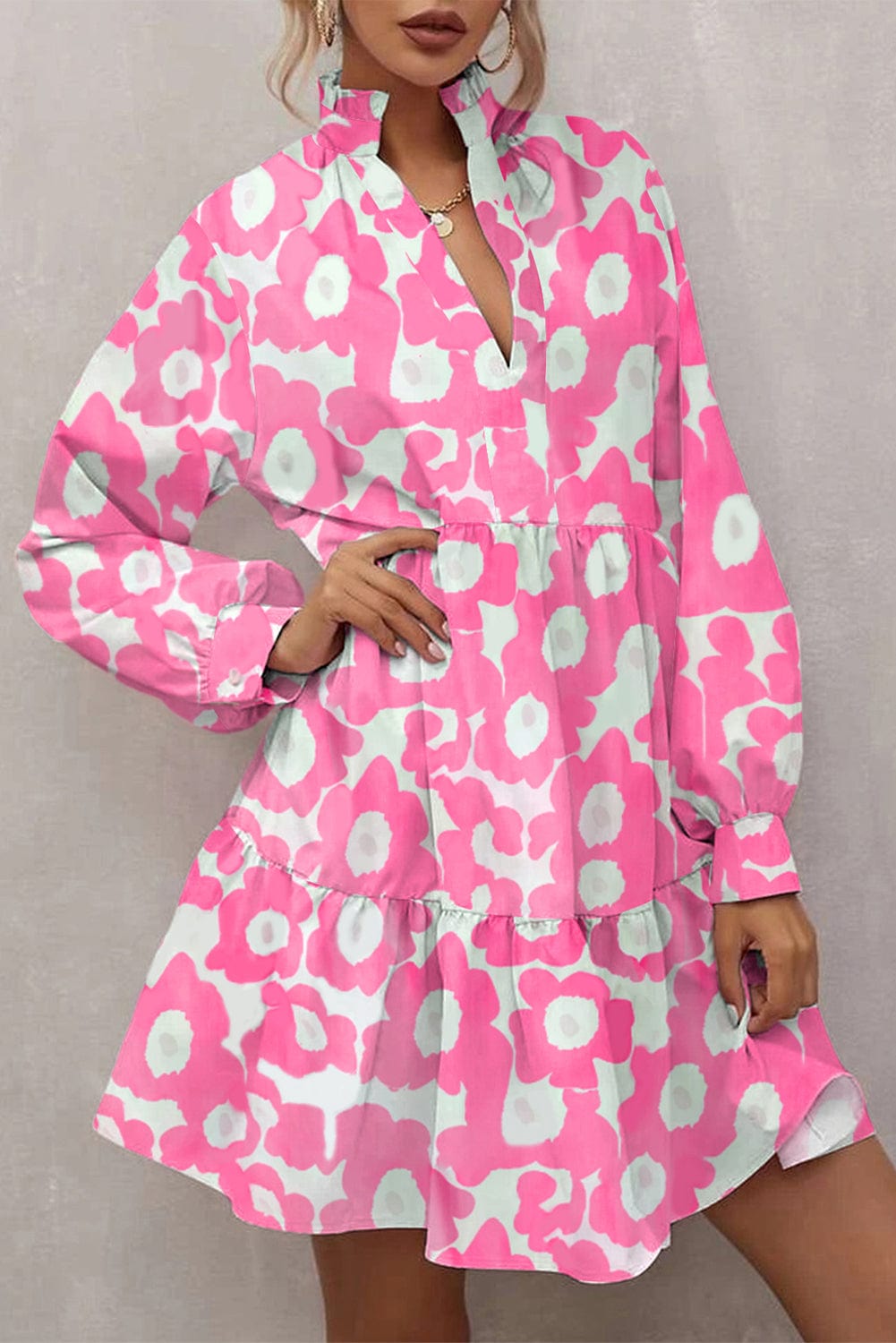 Sweet Petal Pink Floral Tiered Ruffle Trim Short Dress