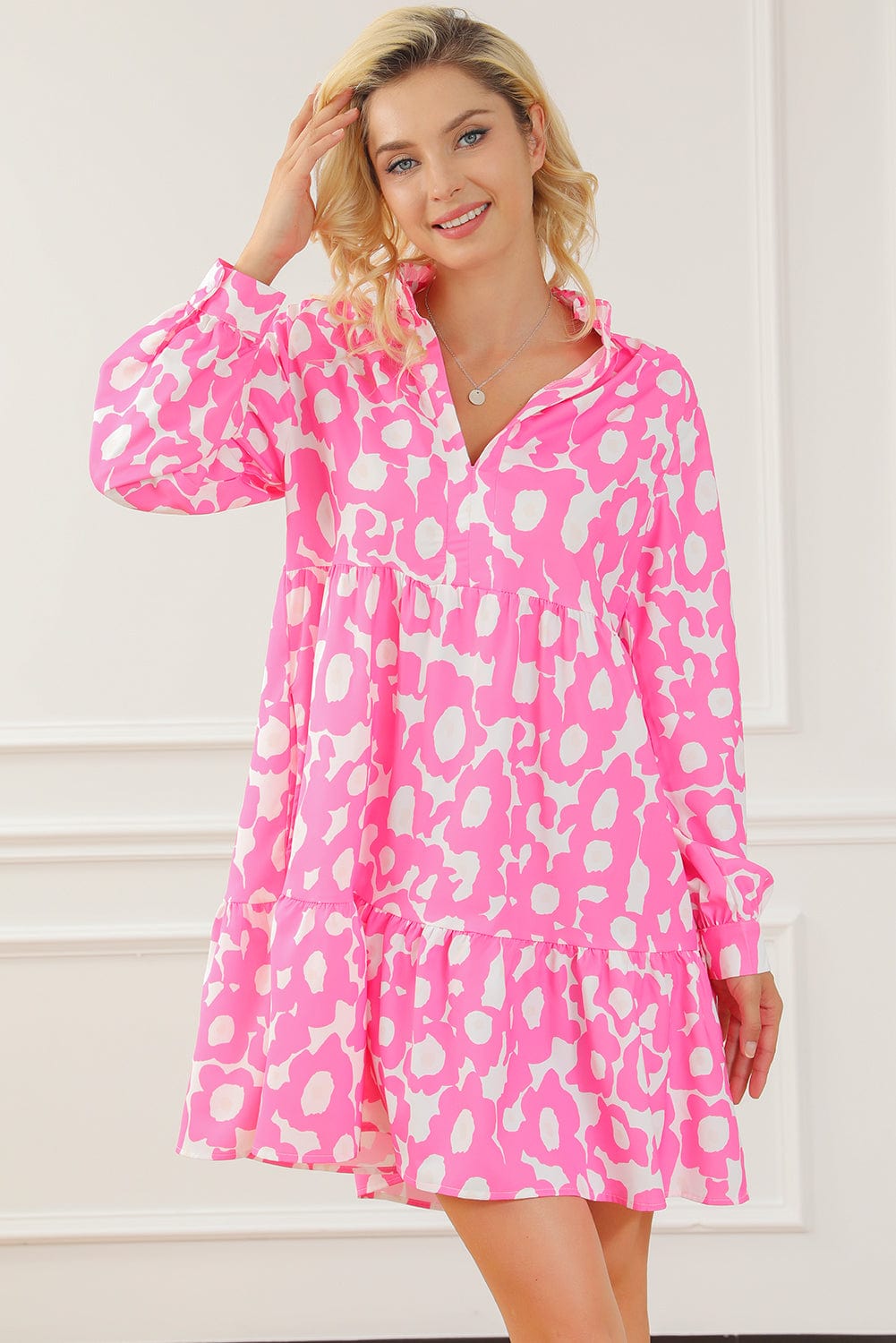 Sweet Petal Pink Floral Tiered Ruffle Trim Short Dress