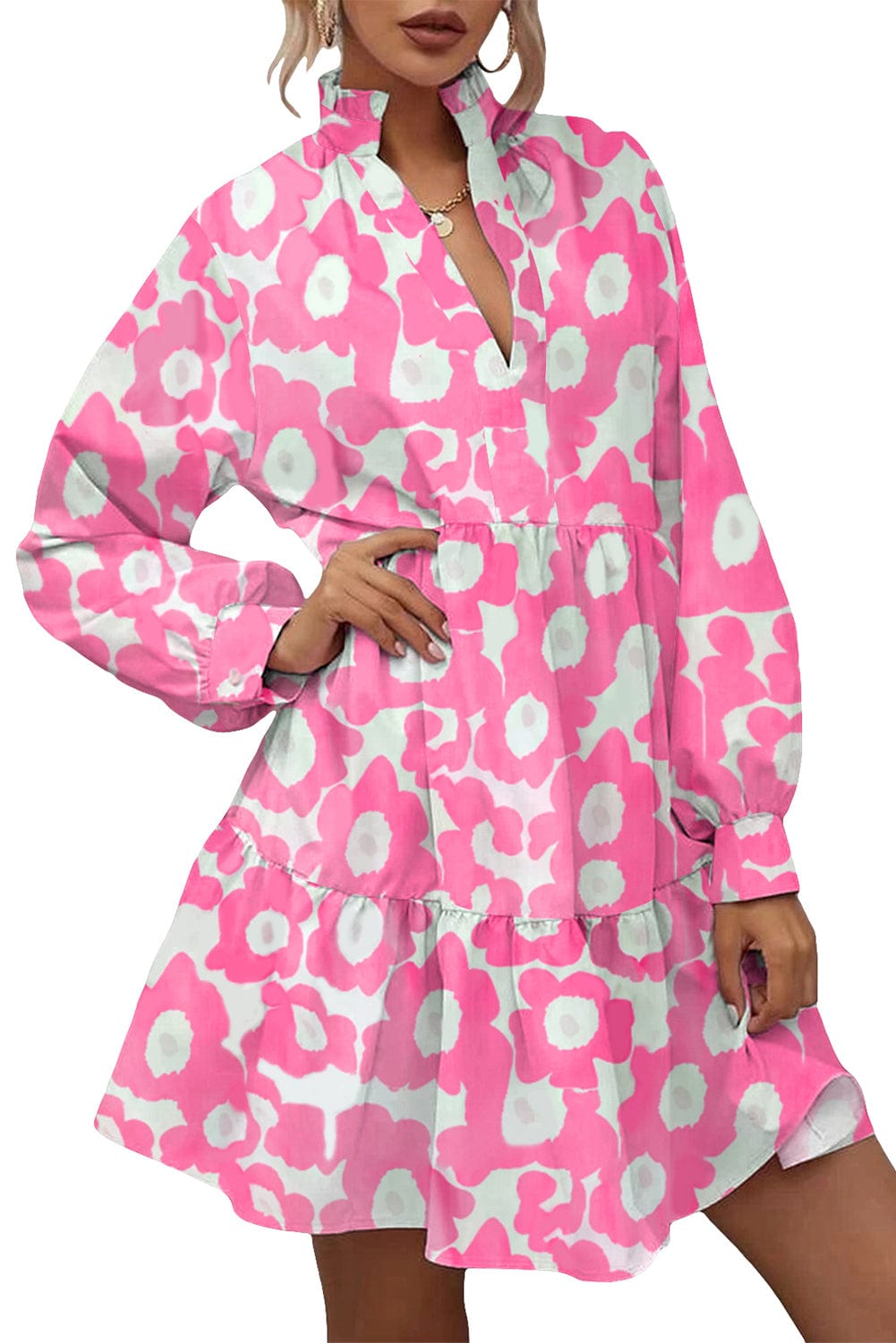 Sweet Petal Pink Floral Tiered Ruffle Trim Short Dress