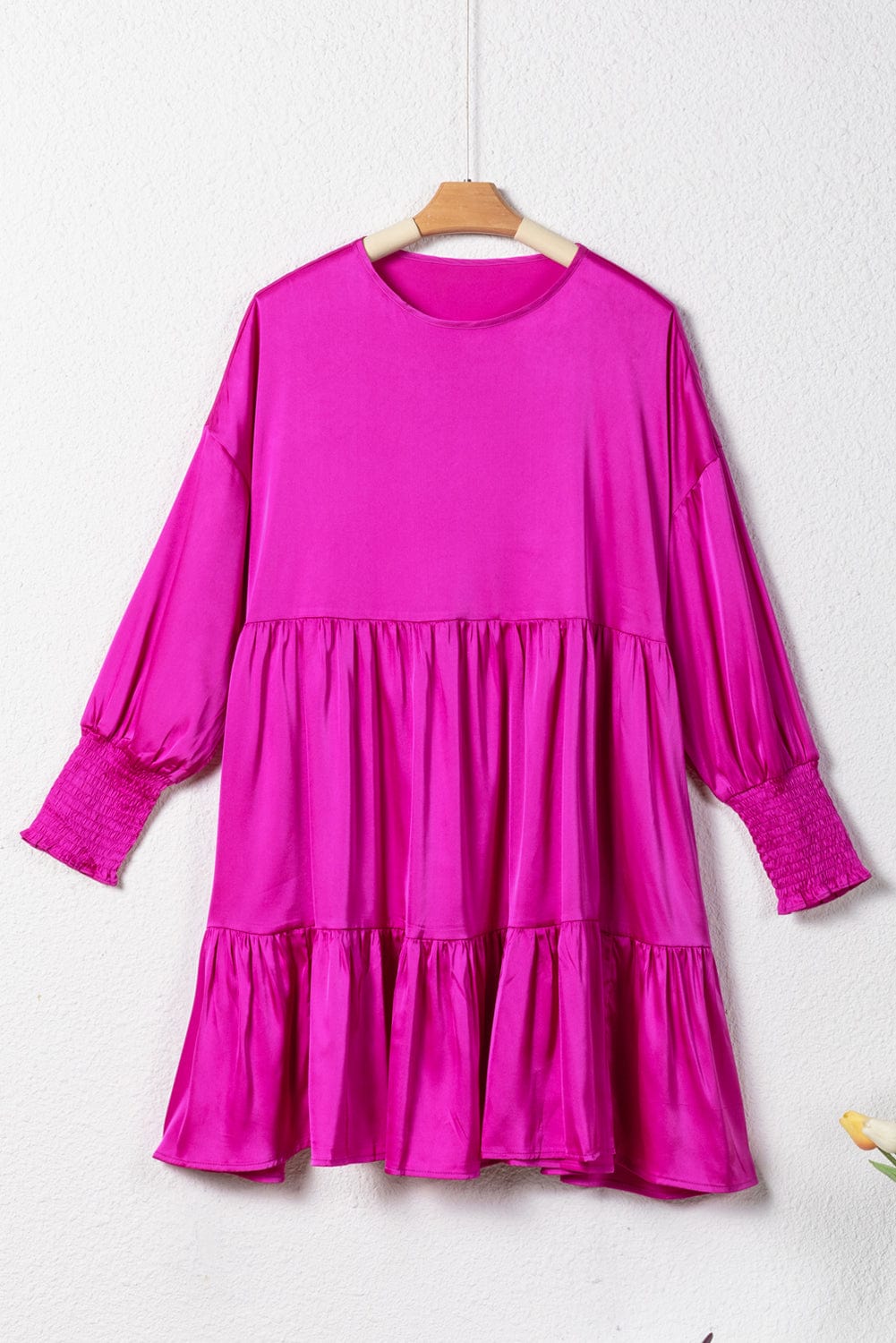 Sweet Pink Satin Bubble Sleeve Mini Dress with Smocked Details