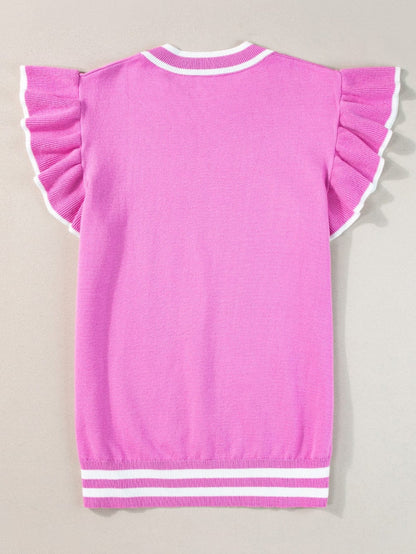 Sweet Ruffle Sleeve Knit Top with Piping Detail