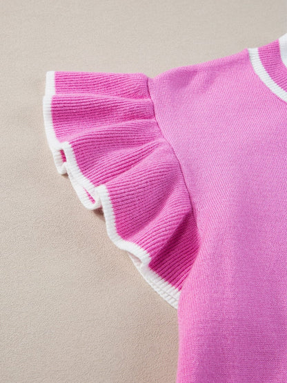 Sweet Ruffle Sleeve Knit Top with Piping Detail
