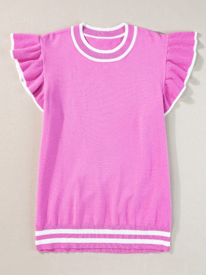 Sweet Ruffle Sleeve Knit Top with Piping Detail
