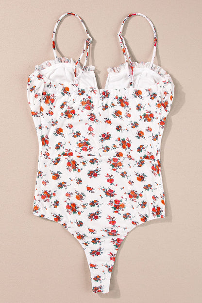 Sweet White V-Neck Floral Ruffle Bodysuit