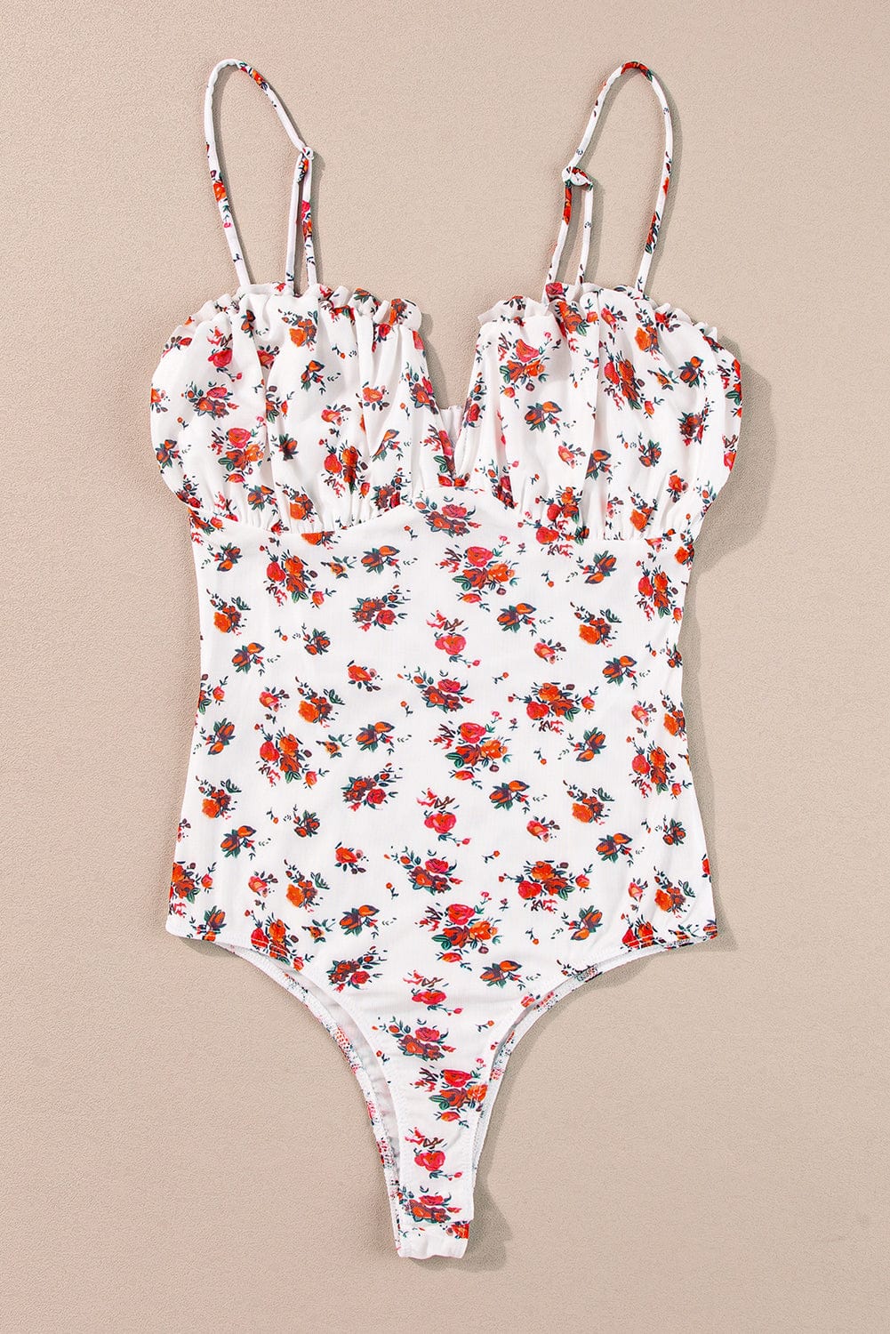 Sweet White V-Neck Floral Ruffle Bodysuit