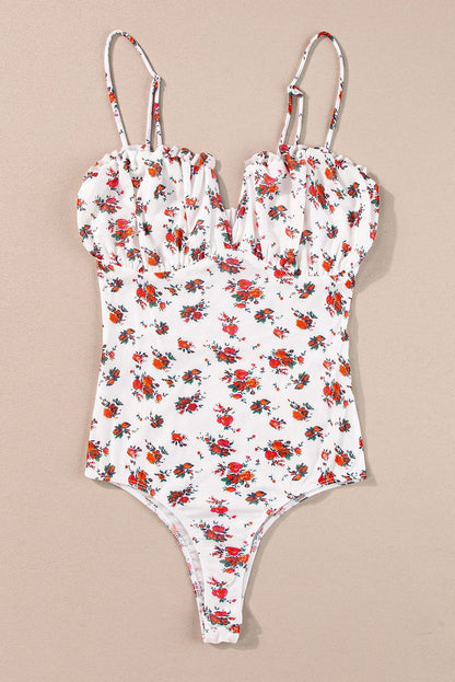 Sweet White V-Neck Floral Ruffle Bodysuit