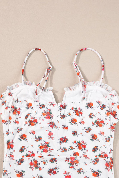 Sweet White V-Neck Floral Ruffle Bodysuit