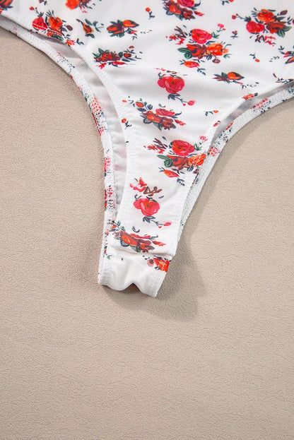 Sweet White V-Neck Floral Ruffle Bodysuit