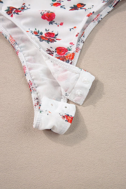 Sweet White V-Neck Floral Ruffle Bodysuit