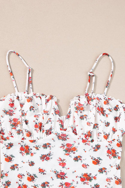 Sweet White V-Neck Floral Ruffle Bodysuit