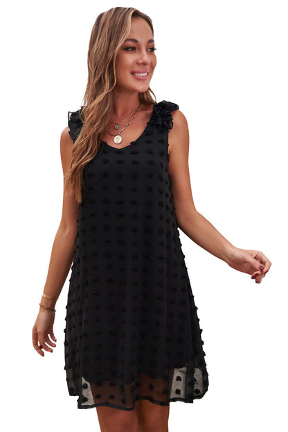 Swiss Dot V Neck Ruffled Sleeveless Mini Dress in Black