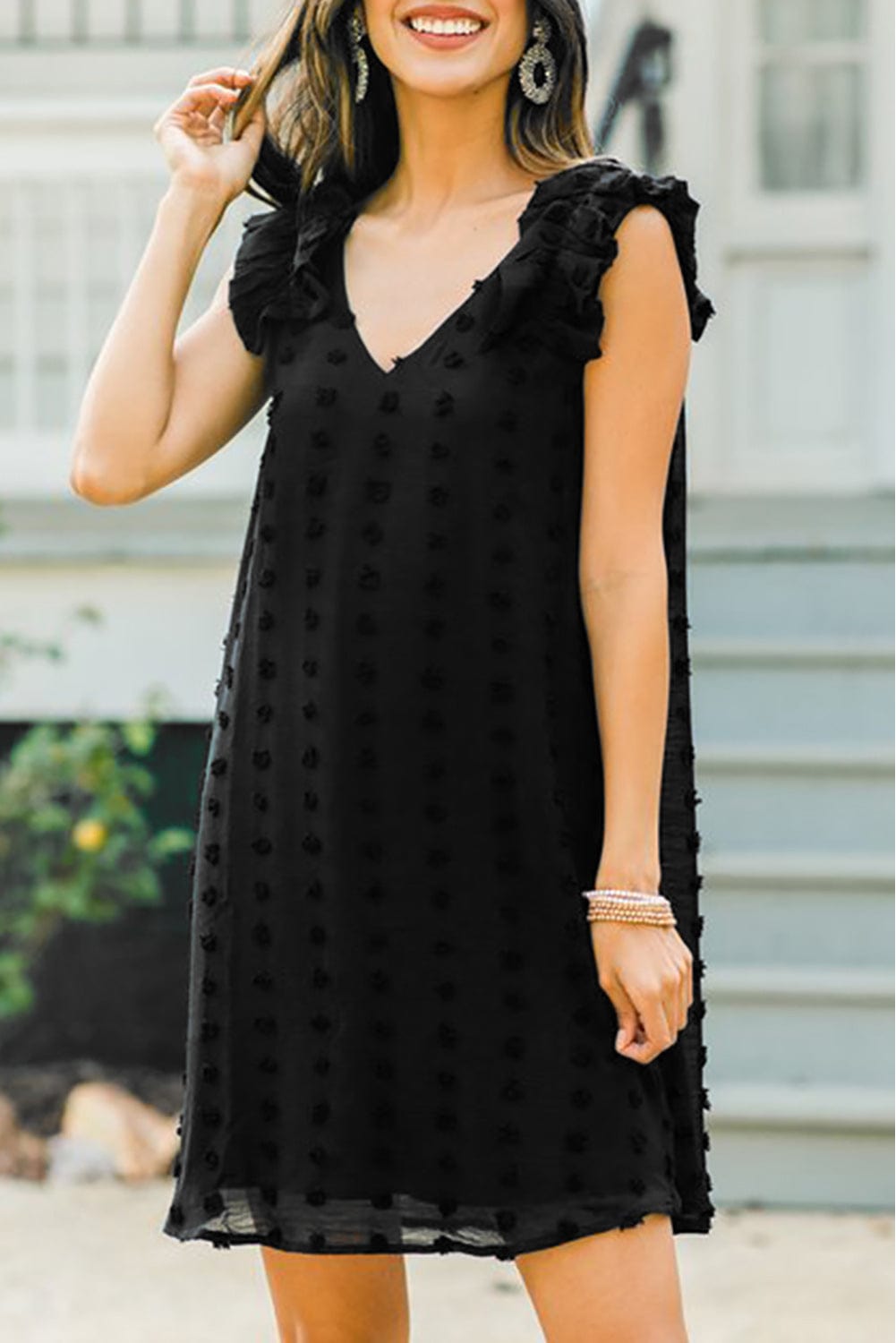Swiss Dot V Neck Ruffled Sleeveless Mini Dress in Black