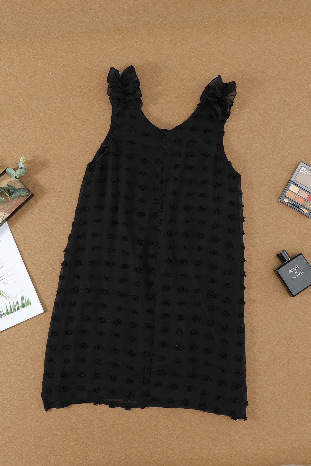 Swiss Dot V Neck Ruffled Sleeveless Mini Dress in Black