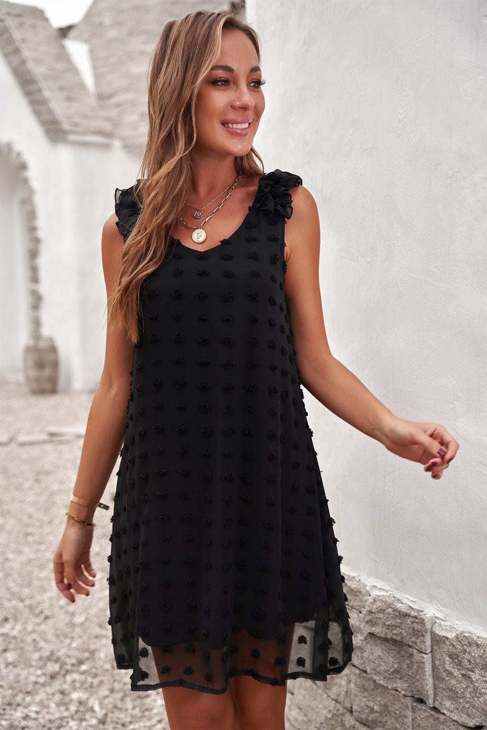 Swiss Dot V Neck Ruffled Sleeveless Mini Dress in Black