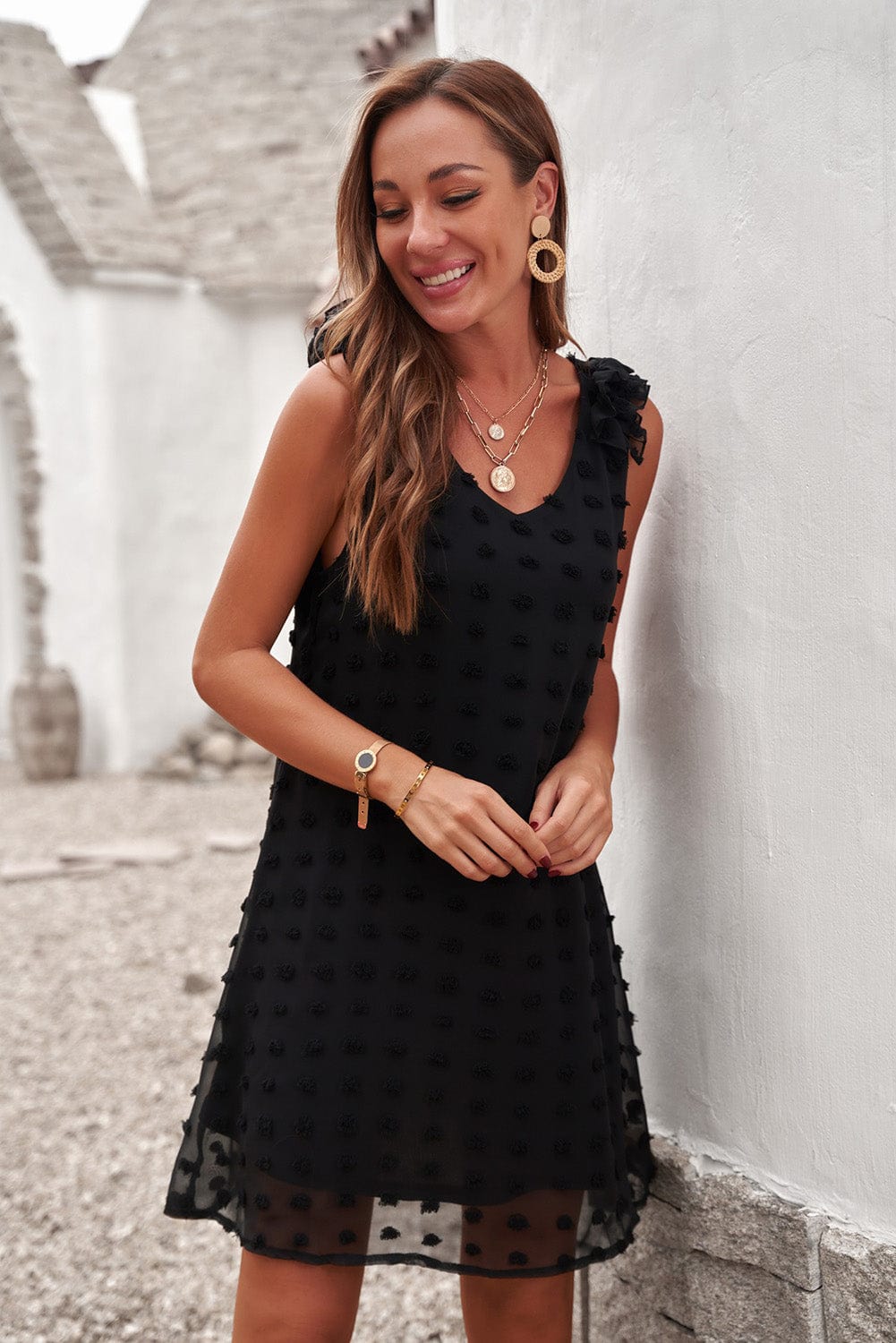 Swiss Dot V Neck Ruffled Sleeveless Mini Dress in Black