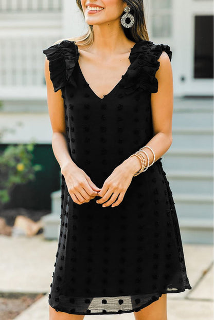 Swiss Dot V Neck Ruffled Sleeveless Mini Dress in Black