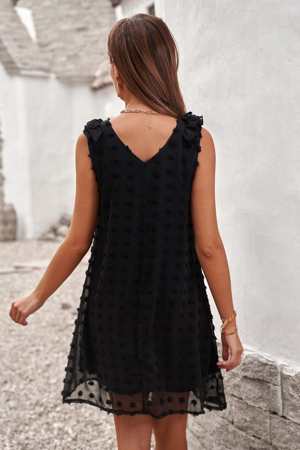 Swiss Dot V Neck Ruffled Sleeveless Mini Dress in Black