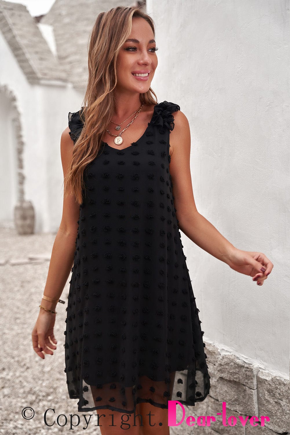Swiss Dot V Neck Ruffled Sleeveless Mini Dress in Black
