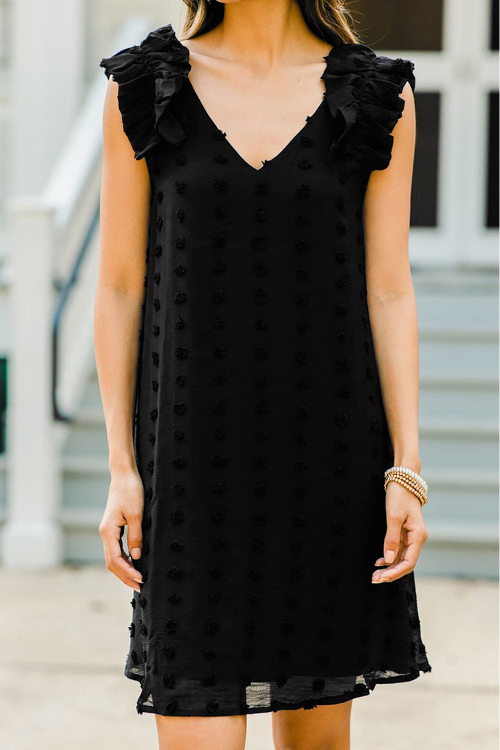 Swiss Dot V Neck Ruffled Sleeveless Mini Dress in Black