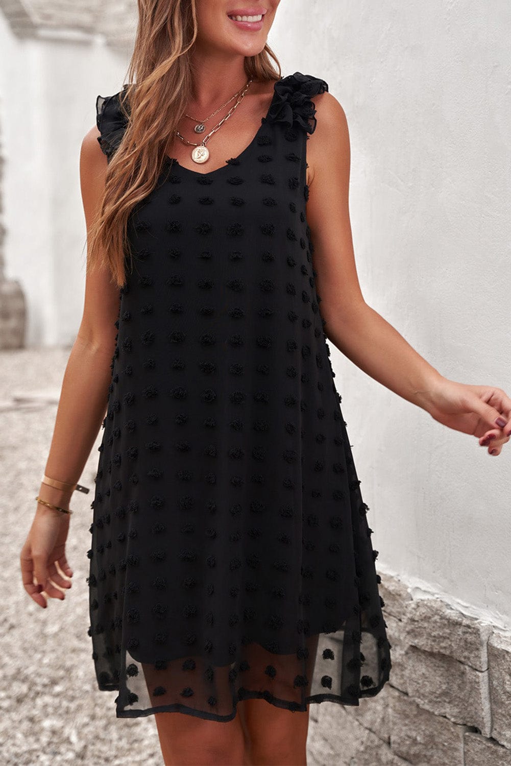 Swiss Dot V Neck Ruffled Sleeveless Mini Dress in Black