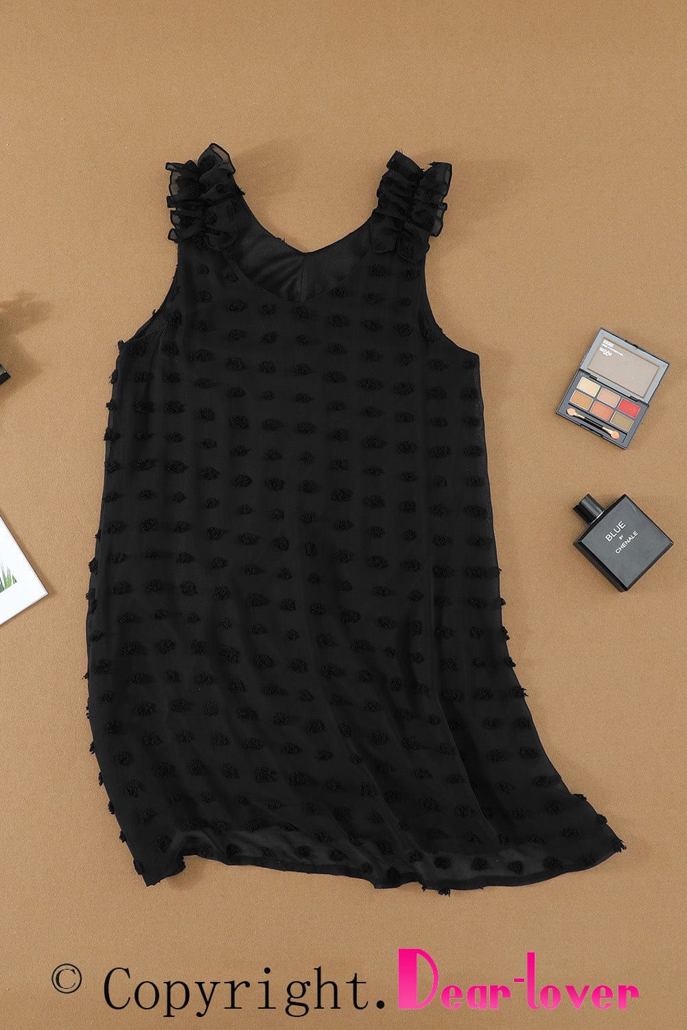 Swiss Dot V Neck Ruffled Sleeveless Mini Dress in Black