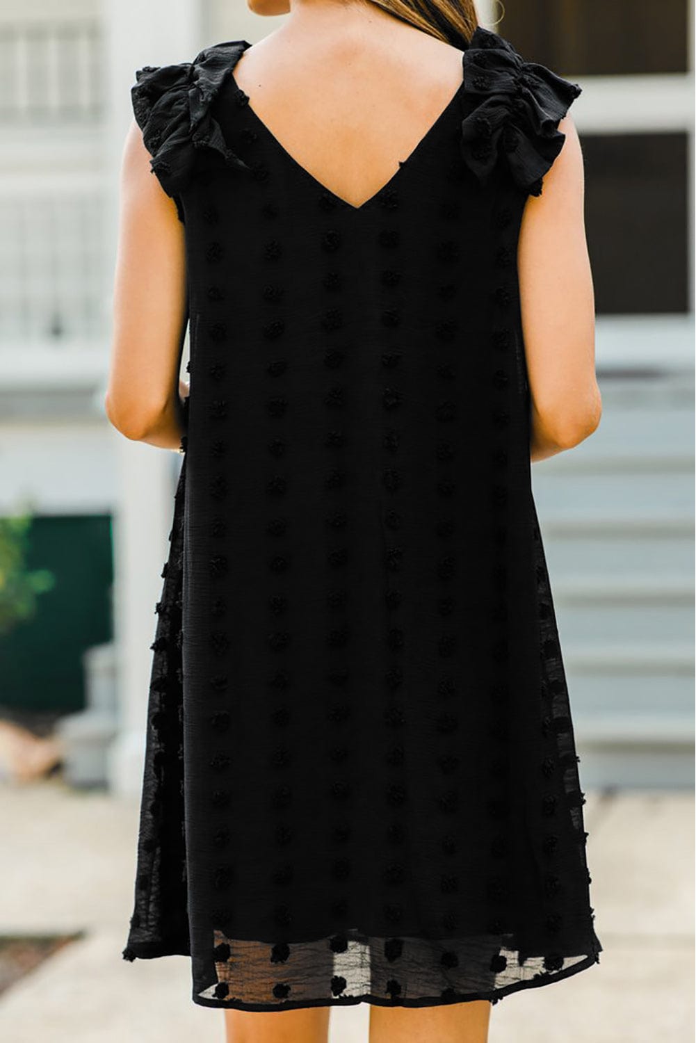 Swiss Dot V Neck Ruffled Sleeveless Mini Dress in Black